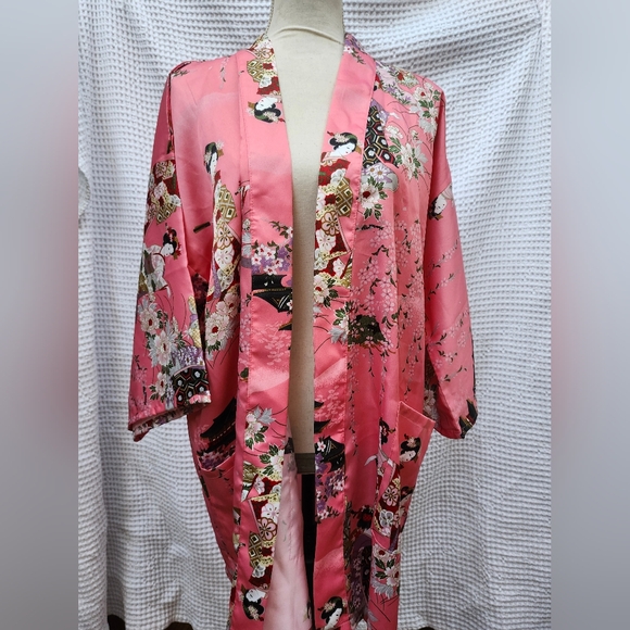 Vintage Made in Japan Bold Floral Kimono Dressing Gown Robe Coat OS Polyester - Picture 1 of 16